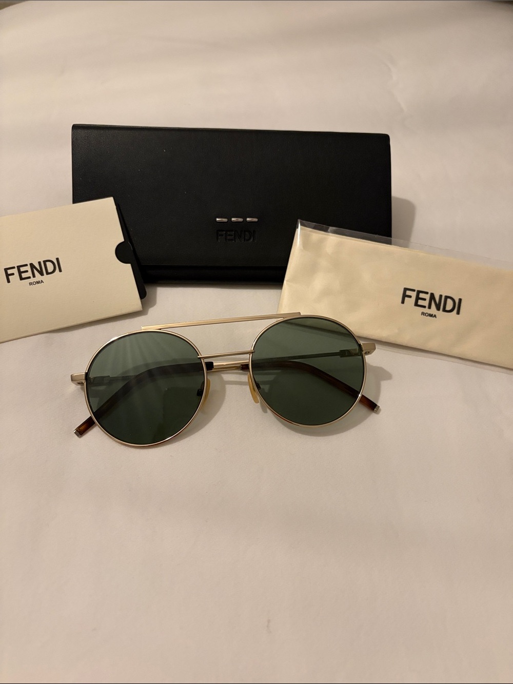 Fendi Men's Gold Frame Sunglasses with Green Lenses and Black Case